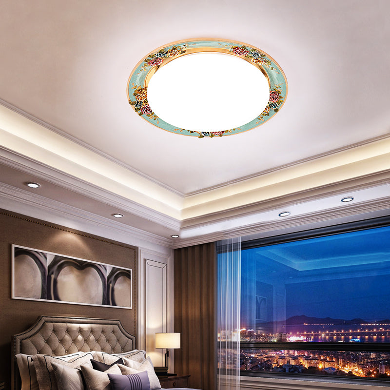 LED Flush Mount Ceiling Light - Traditional Grey/Red/Green with Round Resin Shade - Bedroom Lighting