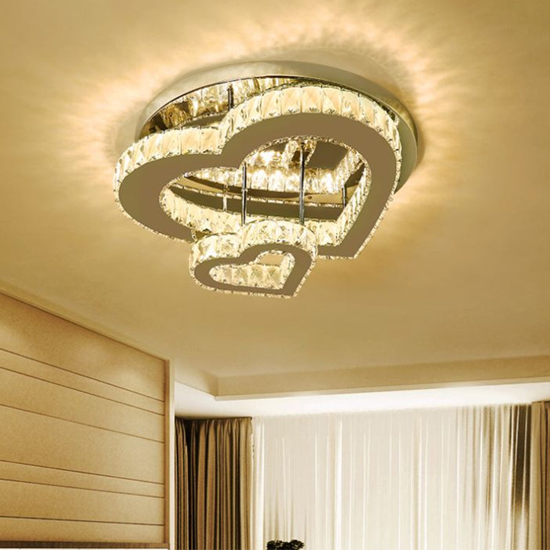 Plafonnier LED en forme de cœur en cristal chromé - Éclairage chaud/blanc pour chambre à coucher