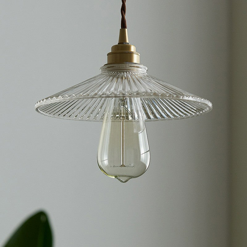 Lampe suspendue en verre vintage : suspension conique transparente à nervures pour l'éclairage de la salle à manger et l'accentuation à ampoule unique