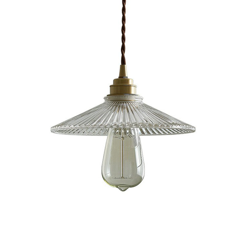Lampe suspendue en verre vintage : suspension conique transparente à nervures pour l'éclairage de la salle à manger et l'accentuation à ampoule unique