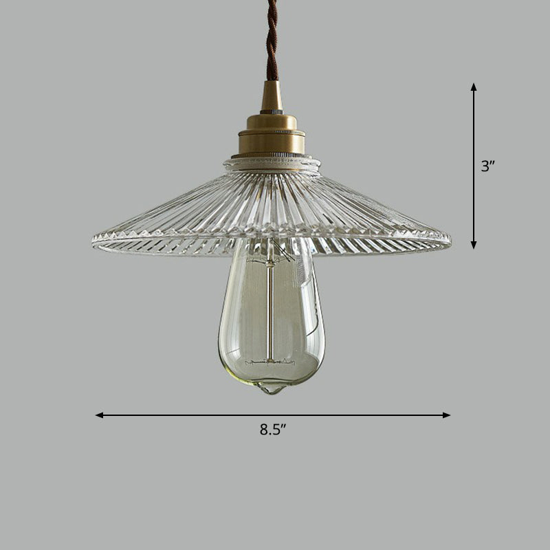 Lampe suspendue en verre vintage : suspension conique transparente à nervures pour l'éclairage de la salle à manger et l'accentuation à ampoule unique