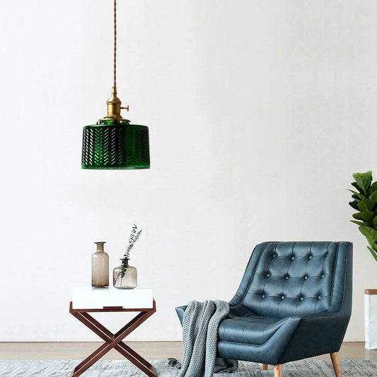 Suspension à abat-jour tambour en verre ondulé vert antique - Luminaire suspendu à 1 ampoule