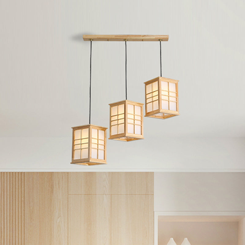 Japanese Beige Wooden Pendant Lamp - 3 Lights Hanging Fixture For Dining Room Wood