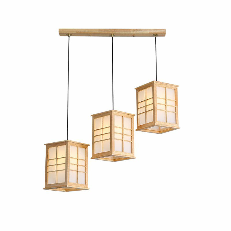 Japanese Beige Wooden Pendant Lamp - 3 Lights Hanging Fixture For Dining Room
