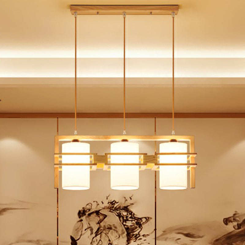 Modern Wooden 3-Bulb Island Pendant Light With Cylindrical Fabric Shade