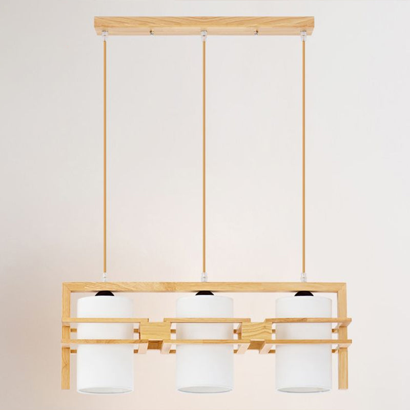 Modern Wooden 3-Bulb Island Pendant Light With Cylindrical Fabric Shade