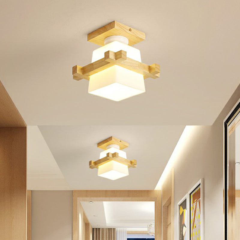 Wooden Nordic Semi Flush Ceiling Light With White Glass - Small Size