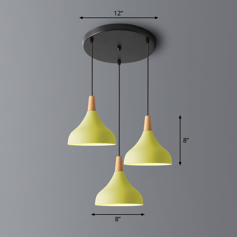 Sleek And Stylish Macaron Metal Pendant Light With 3-Head Multi Hanging Design Wood Tip
