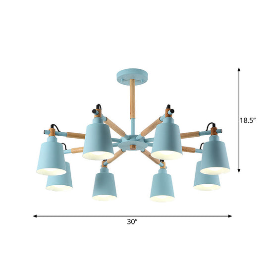 Macaron Wood Chandelier With Metal Shade - 8 Bulb Living Room Pendant Light Blue