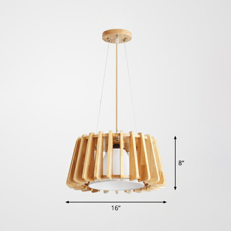 Modern 1-Light Wooden Drum Pendant Lamp with Inner Fabric Shade