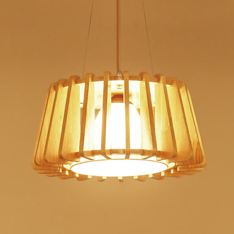 Modern 1-Light Wooden Drum Pendant Lamp with Inner Fabric Shade