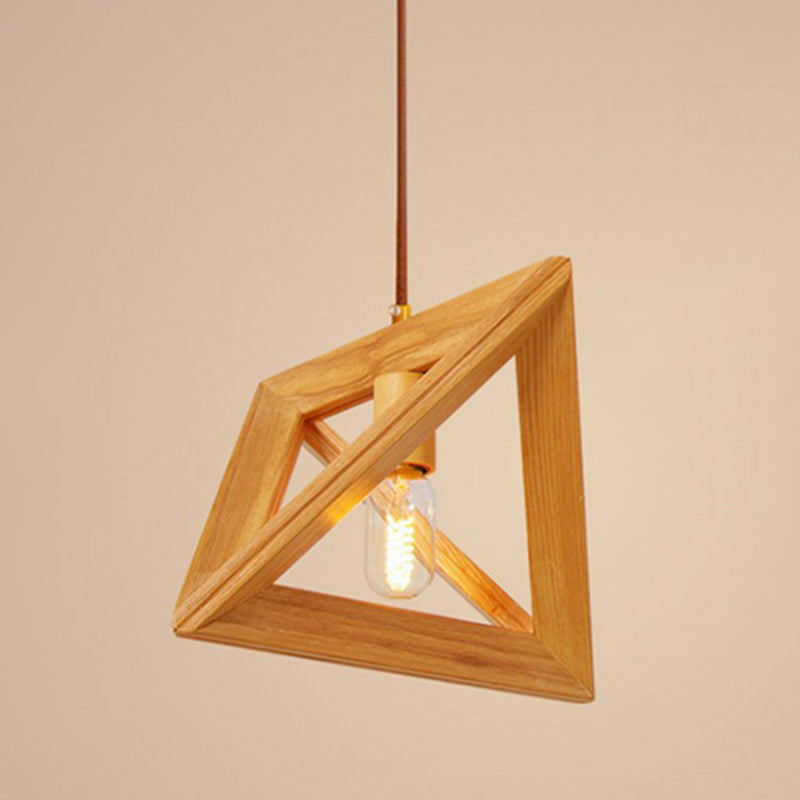 Modern Beige Pendant Lamp with Wooden Frame - 1-Head Dining Room Ceiling Hang Light