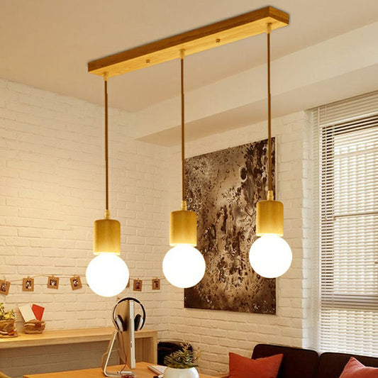 Minimalist Wooden Pendant Lamp with 3 Beige Suspension Lights - Contemporary Bare Bulb Fixture