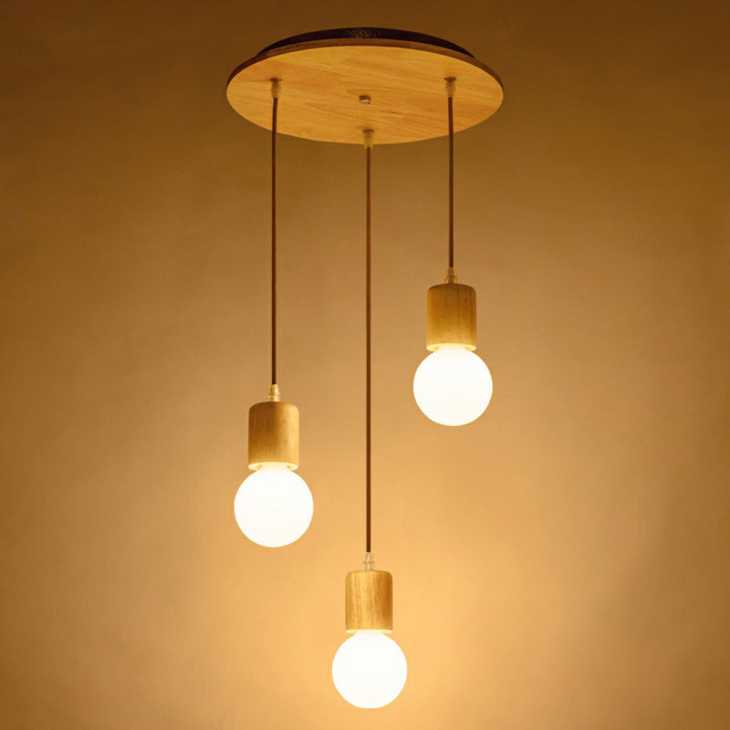 Minimalist Wooden Pendant Lamp with 3 Beige Suspension Lights - Contemporary Bare Bulb Fixture