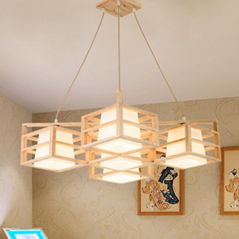 Nordic 5-Head Wooden Pendant Chandelier with Opal Glass Shades - Symmetric Cage Style and Beige Finish
