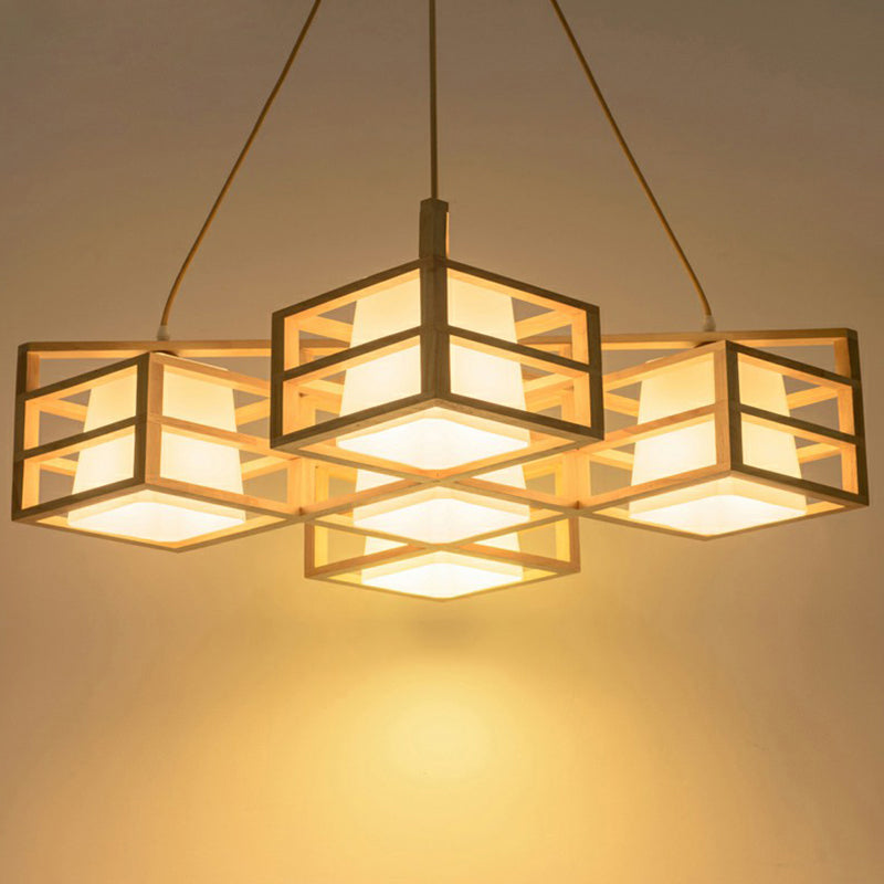 Nordic 5-Head Wooden Pendant Chandelier with Opal Glass Shades - Symmetric Cage Style and Beige Finish