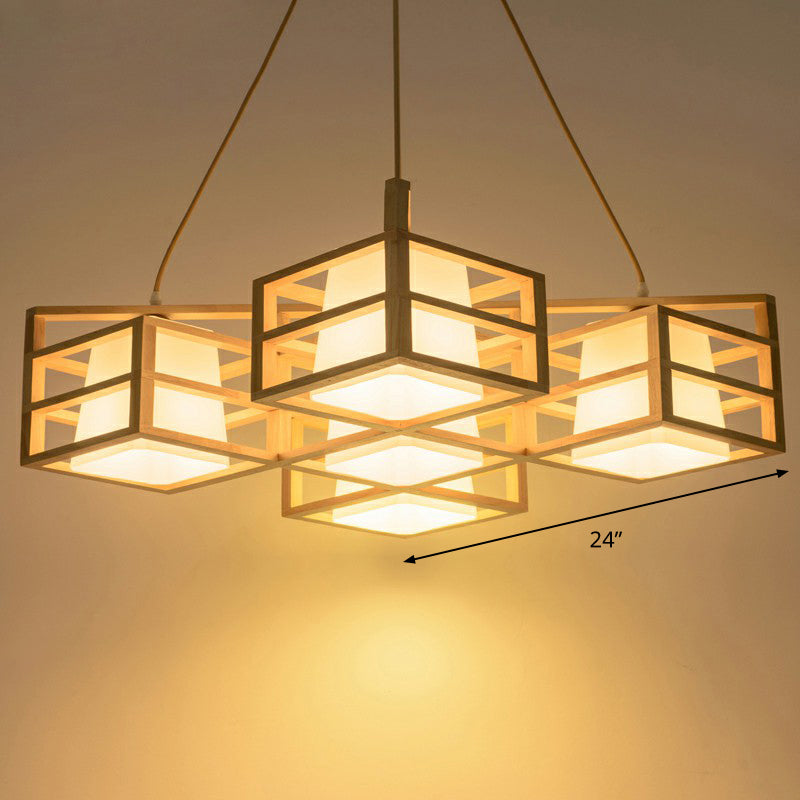 Wooden Cage Style Nordic Pendant Chandelier With 5-Head Beige Multi Pendants And Opal Glass Shade