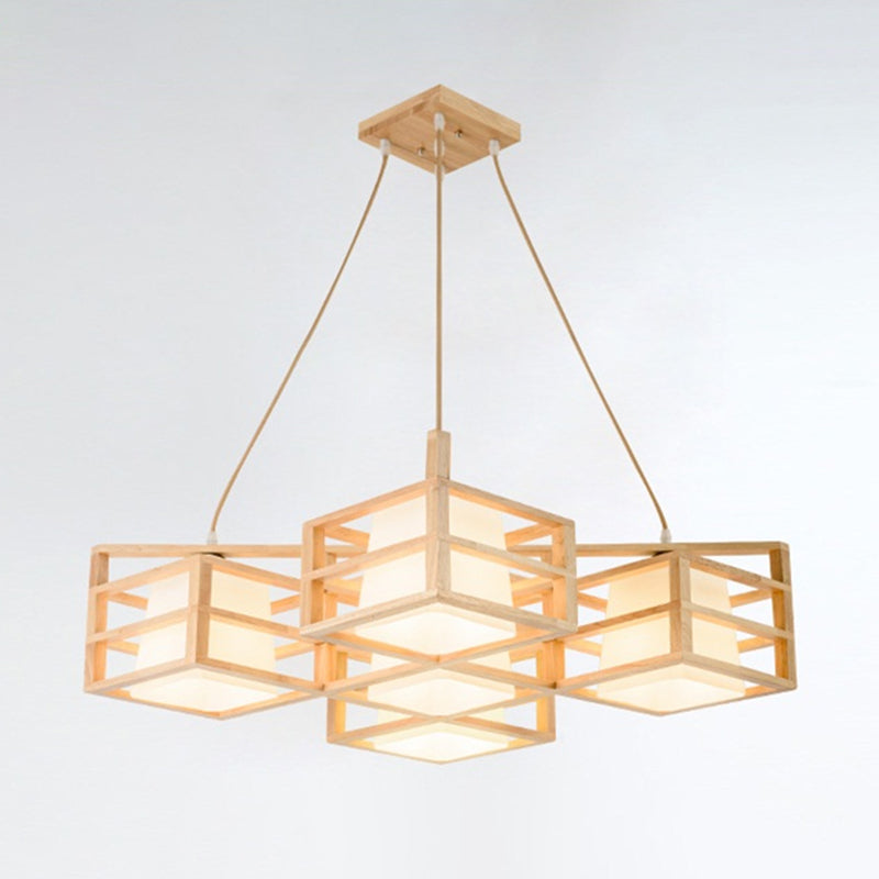 Wooden Cage Style Nordic Pendant Chandelier With 5-Head Beige Multi Pendants And Opal Glass Shade