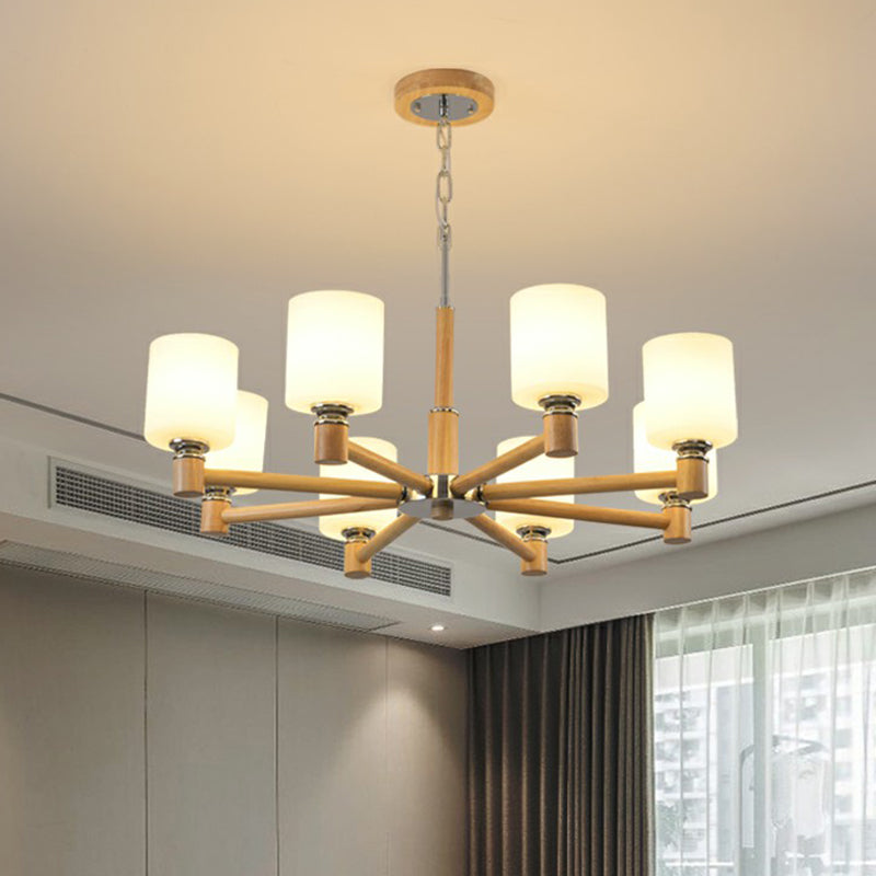 Minimalist White Glass Pendant Light For Bedroom - Wood Cylinder Ceiling Chandelier 8 /