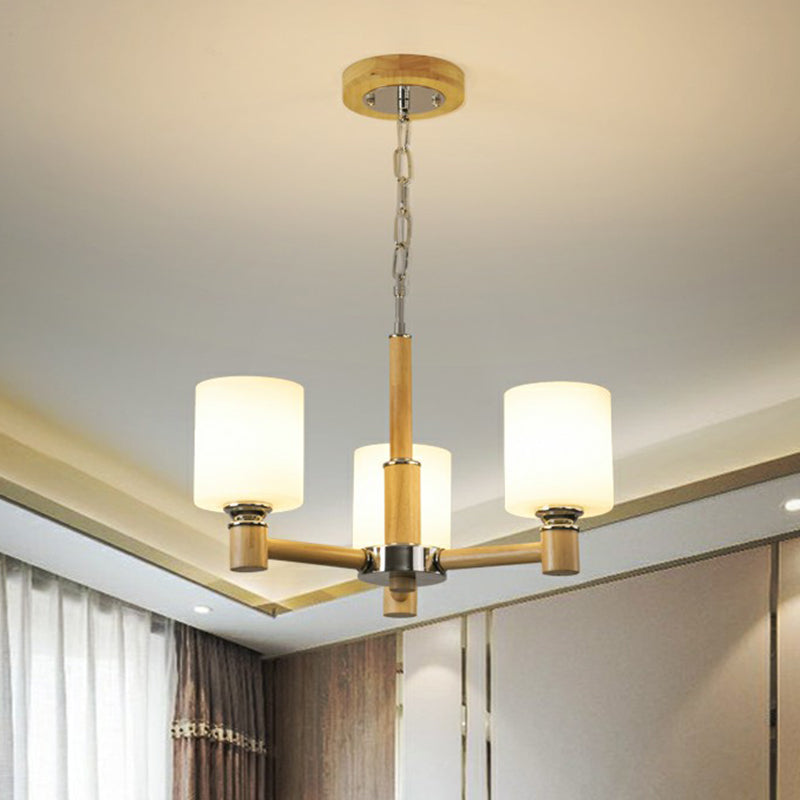 Minimalist White Glass Pendant Light for Bedroom with Wood Cylinder Ceiling Chandelier