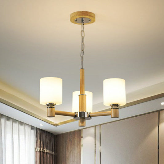 Minimalist White Glass Pendant Light for Bedroom with Wood Cylinder Ceiling Chandelier