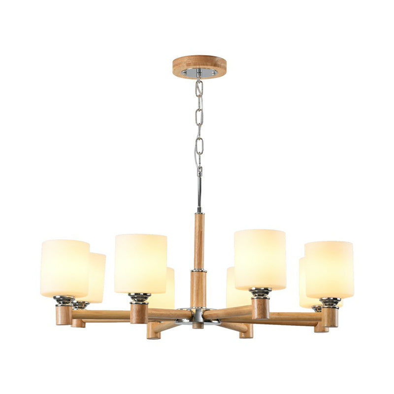 Minimalist White Glass Pendant Light for Bedroom with Wood Cylinder Ceiling Chandelier
