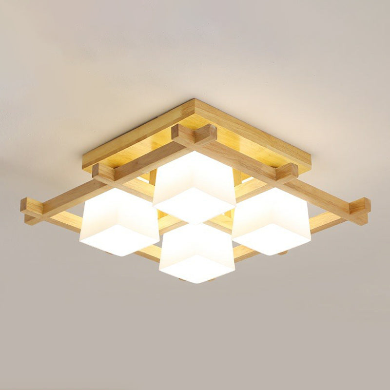 White Glass Cube Ceiling Flush Light - Modern Semi Flush Mount Lighting with Wood Grid