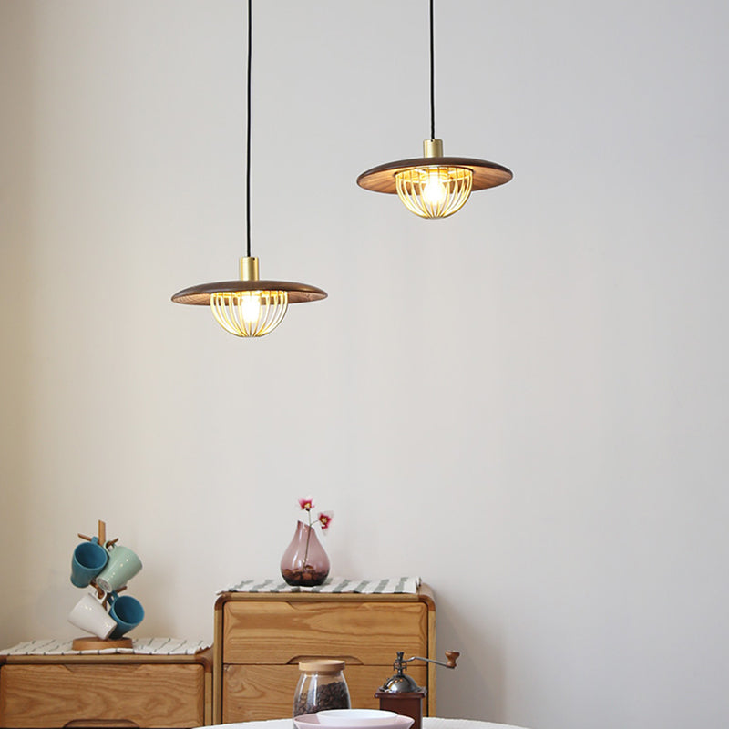 Contemporary Wooden Pendant Light with Cage Bottom - 1-Light Hanging Ceiling Fixture