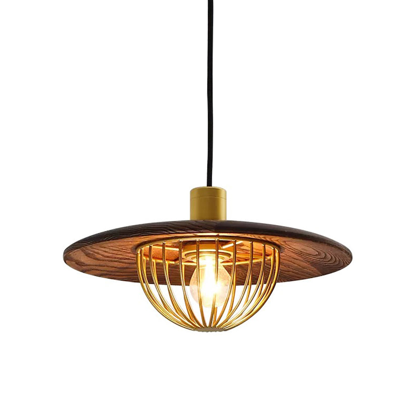 Contemporary Wooden Pendant Light with Cage Bottom - 1-Light Hanging Ceiling Fixture