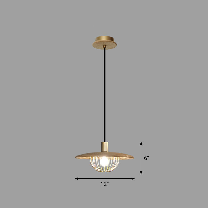 Contemporary Wooden Pendant Light with Cage Bottom - 1-Light Hanging Ceiling Fixture