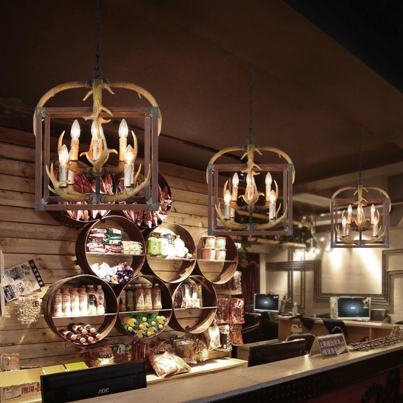 Rustic Metal Rectangle Frame Pendant Chandelier - Red Brown Finish 4/8 Lights Ideal For Dining Room