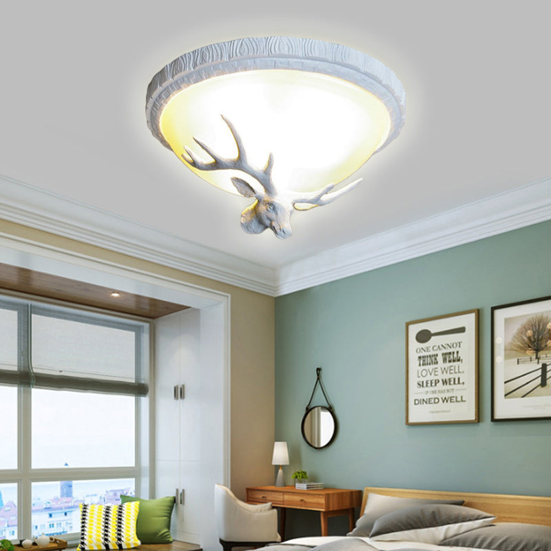 Elk-themed Countryside Flush Mount Ceiling Lamp with 3 White Glass Lights for Bedroom