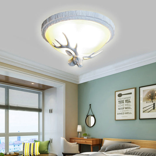 Elk-themed Countryside Flush Mount Ceiling Lamp with 3 White Glass Lights for Bedroom