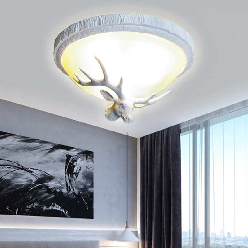 Elk-themed Countryside Flush Mount Ceiling Lamp with 3 White Glass Lights for Bedroom