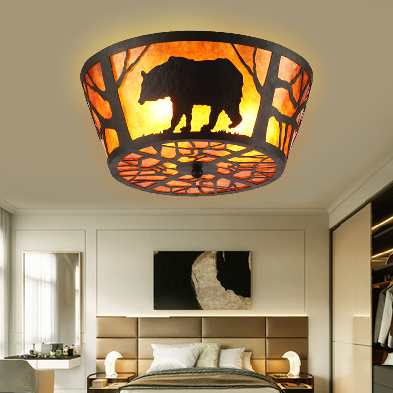 Country Style Round Marble Flushmount Ceiling Light with Bear/Horse Pattern and 3 Lights