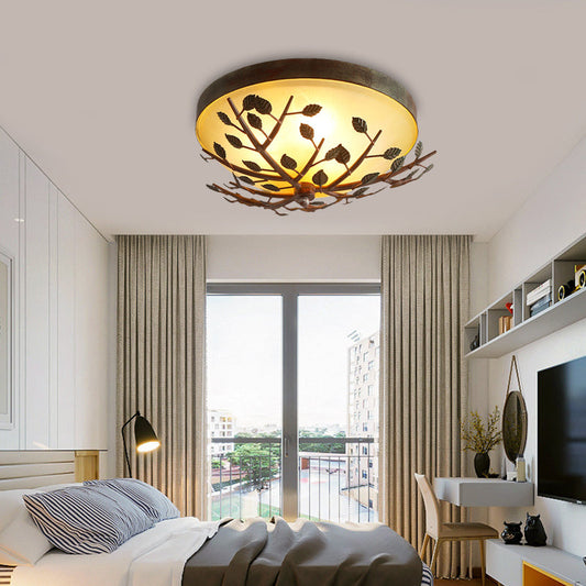 Country Brown Flush Mount Lighting with Dome Frosted Glass Shade - 3-Light Bedroom Flush