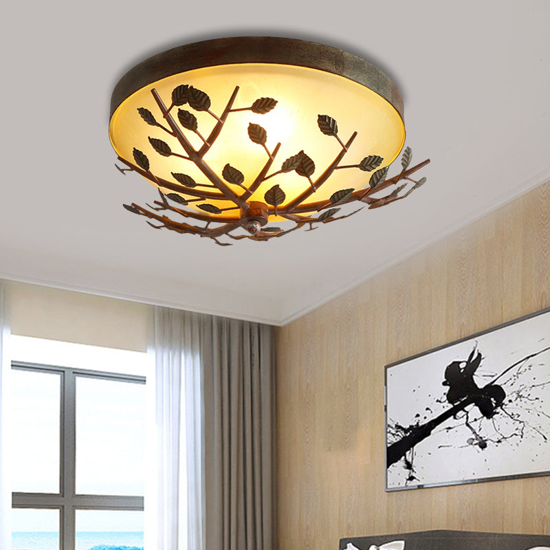 Country Brown Flush Mount Lighting with Dome Frosted Glass Shade - 3-Light Bedroom Flush