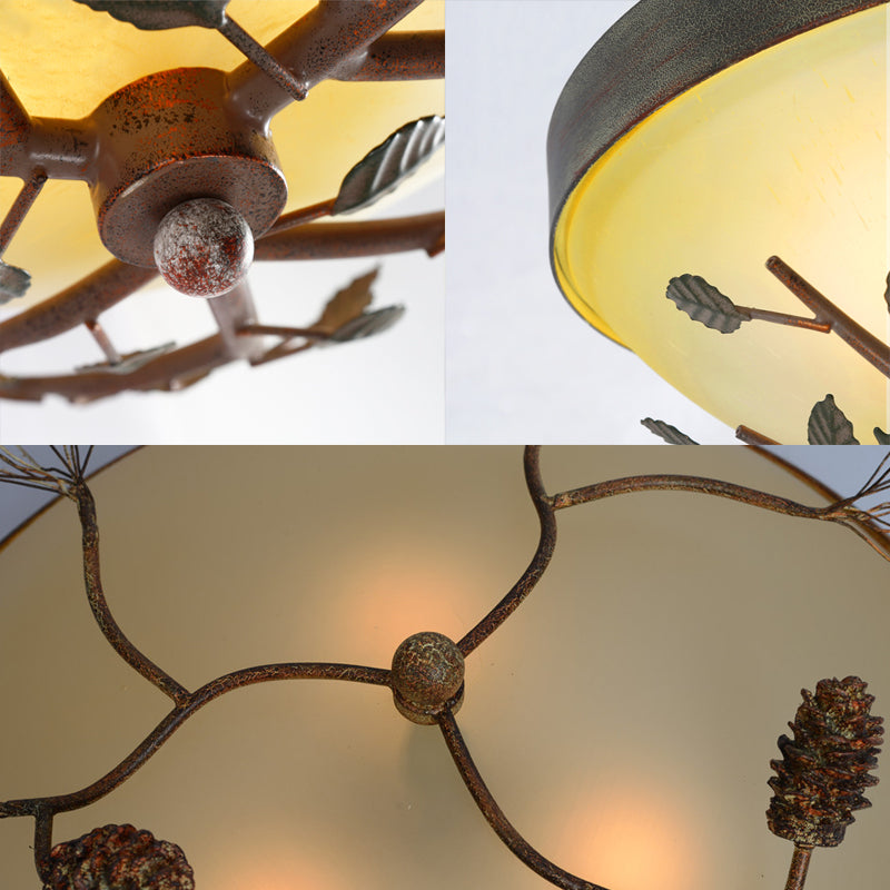 Country Brown Flush Mount Lighting with Dome Frosted Glass Shade - 3-Light Bedroom Flush