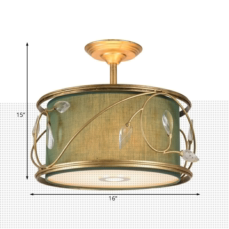 Country Style 3-Bulb Semi Flush Mount Ceiling Light in Green Fabric - 16"/19.5" Width