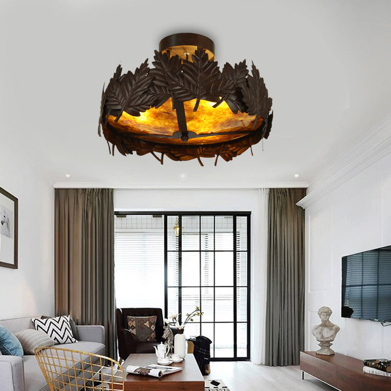 Plafonnier semi-encastré rustique en métal à 3 lumières en feuille d'érable en bronze pour salon