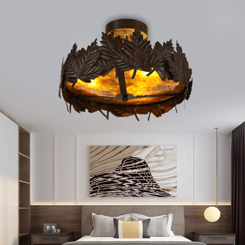 Plafonnier semi-encastré rustique en métal à 3 lumières en feuille d'érable en bronze pour salon