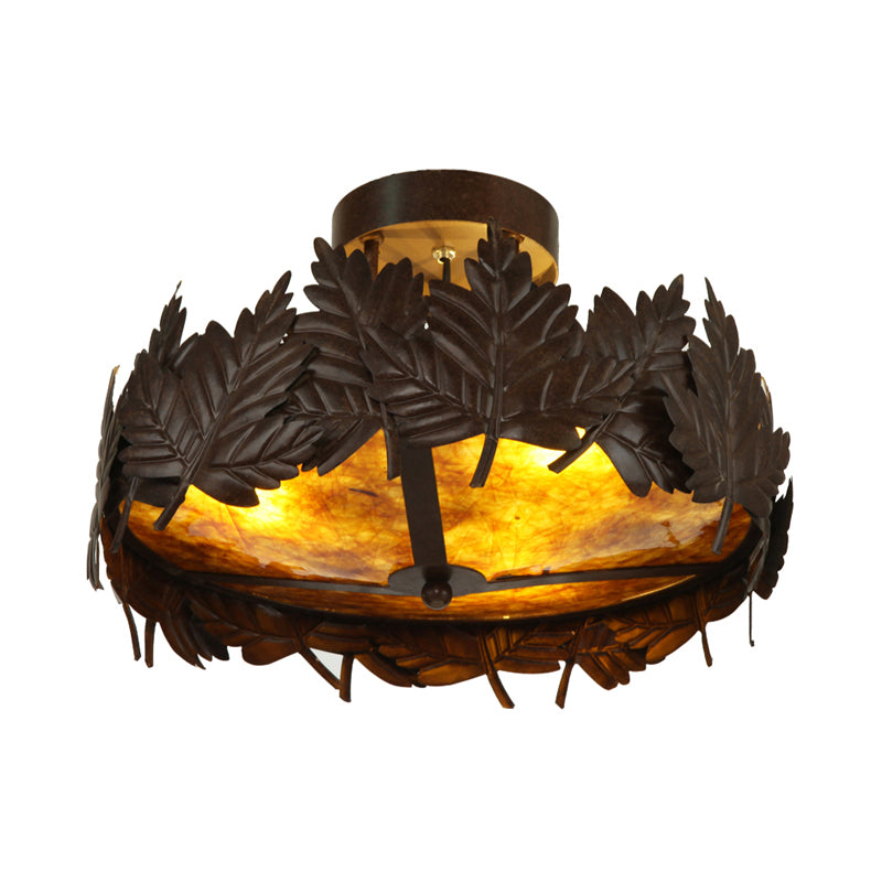 Plafonnier semi-encastré rustique en métal à 3 lumières en feuille d'érable en bronze pour salon