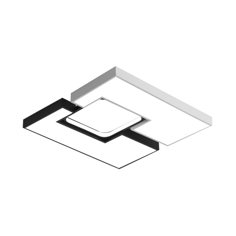 Plafonnier carré/rectangulaire moderne en métal - Plafonnier LED large de 22"/31,5" noir/blanc avec diffuseur encastré - Lumière blanche/chaude
