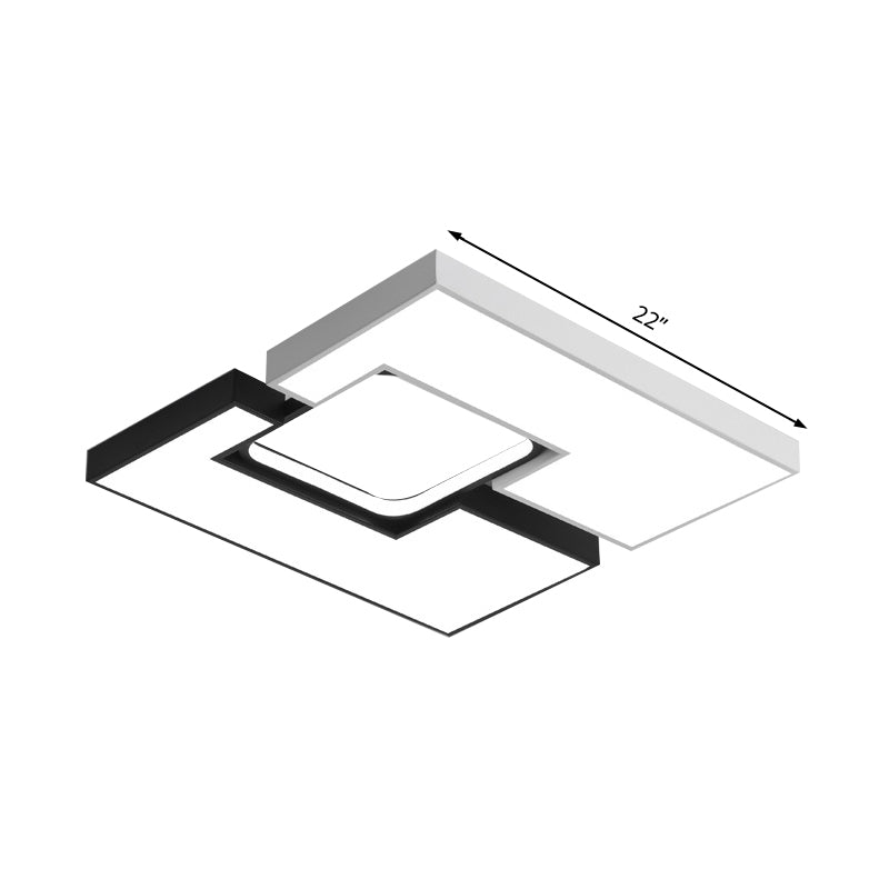 Plafonnier carré/rectangulaire moderne en métal - Plafonnier LED large de 22"/31,5" noir/blanc avec diffuseur encastré - Lumière blanche/chaude