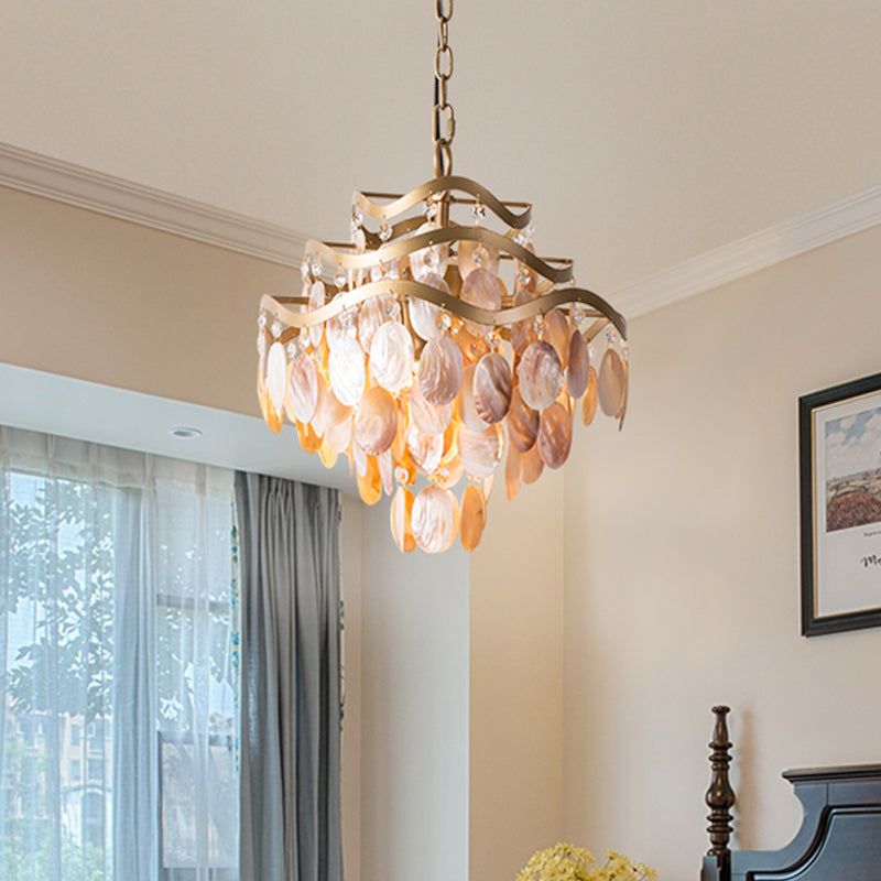 Traditional Brass 3-Tier Flower Ring Chandelier With Seashell Design Pink Shade