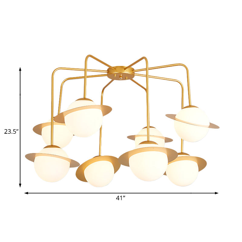 Contemporary Metal Radial Chandelier with 8 Lights - Gold/Chrome LED Ceiling Lamp and Glass Globe Shade
