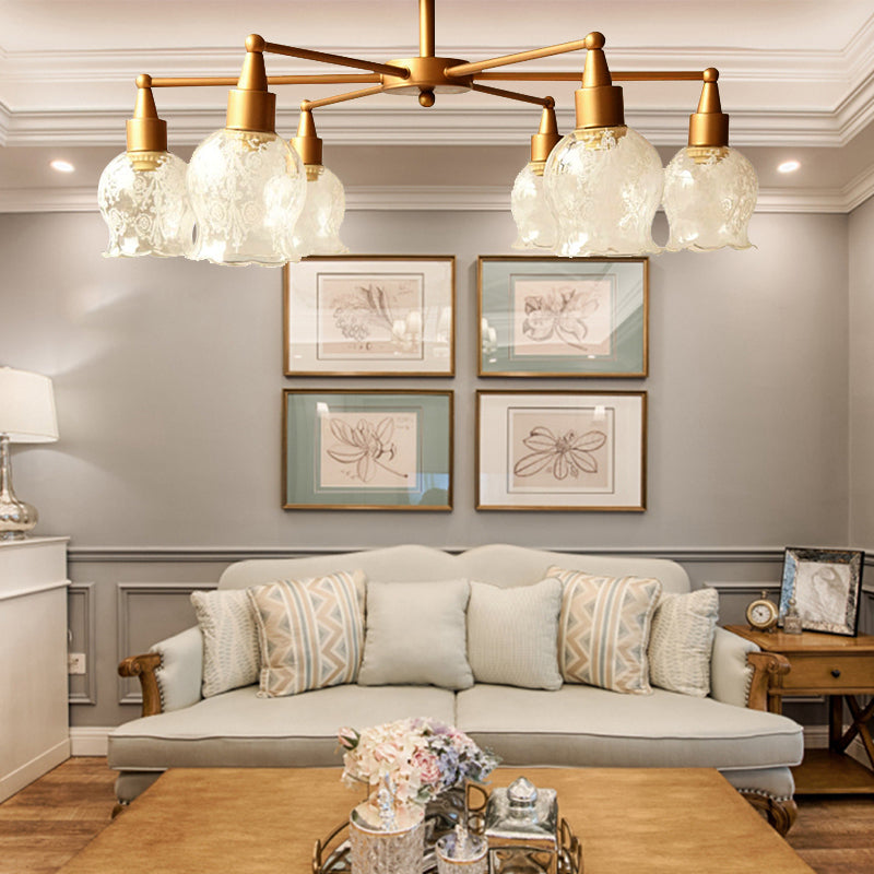 Plafonnier semi-encastré traditionnel doré avec verre transparent en forme de fleur - 6 lumières, éclairage semi-encastré pour salon