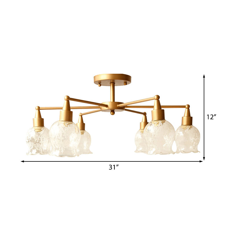Plafonnier semi-encastré traditionnel doré avec verre transparent en forme de fleur - 6 lumières, éclairage semi-encastré pour salon