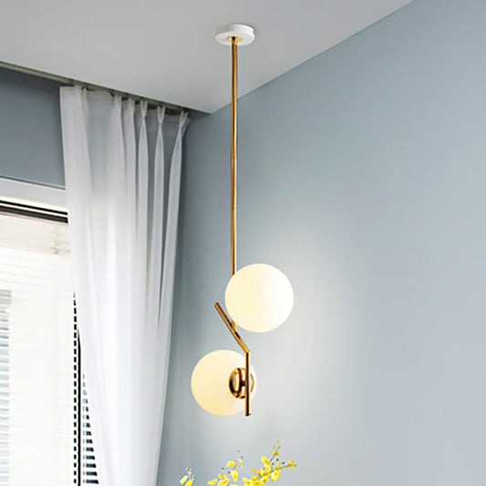 Contemporary Gold Angle Linear Chandelier Lighting - 2 Lights, White Glass Sphere Shade, Metal Hanging Lamp Fixture