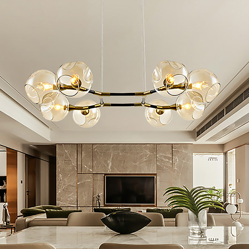 Modern Metal Branch Chandelier Pendant Lamp with Amber Glass Ball Shade